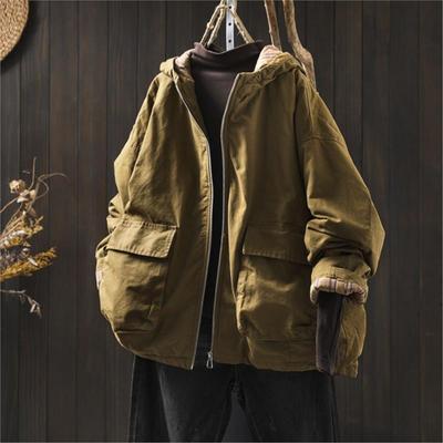 Women Vintage Hooded Solid Color Zipper Coats 2025 Winte Patchwork Pockets Long Sleeve Loose Warm Coats