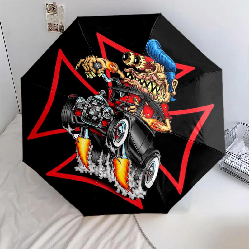 1pc Rat Fink pattern Umbrella Portable Folding Umbrella Iron Frame Hole Bone Structure Outdoor Home Umbrella