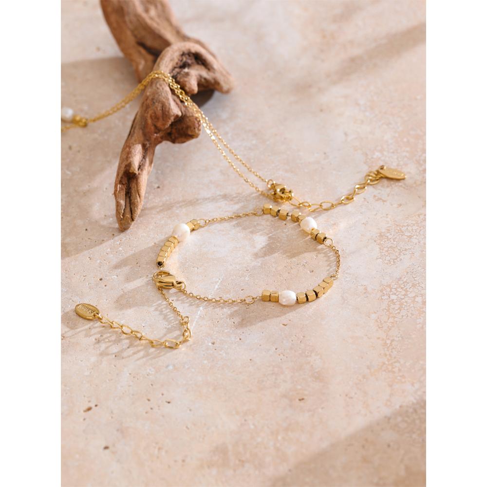Yhpup Neuheiten Edelstahl Naturperle Quadratische Kette Koreanische Halskette Armband Schick Gold PVD-beschichtet Mode Charm Schmuck