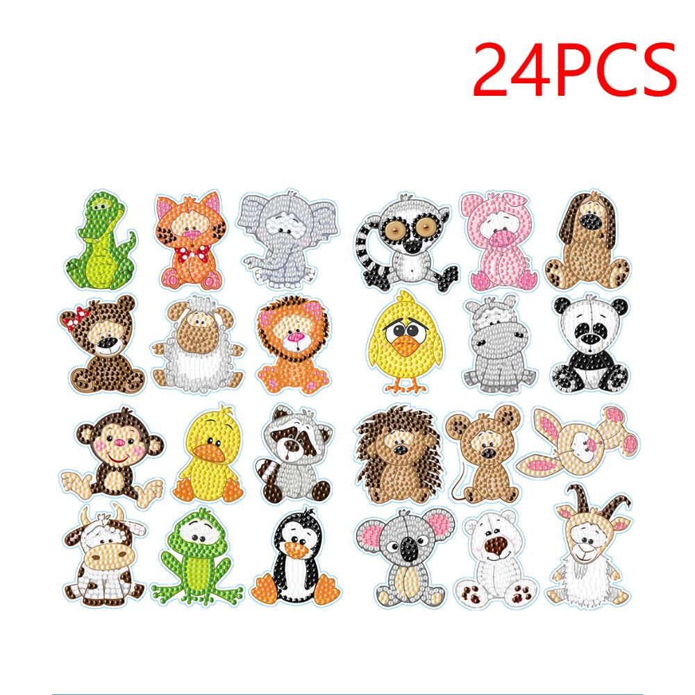 24pcs Animal Gem Sticker Diamond Painting Stickers Kits Art Crafts Handmade DIY Cartoon Stickers for Kids Beginner Children Gift