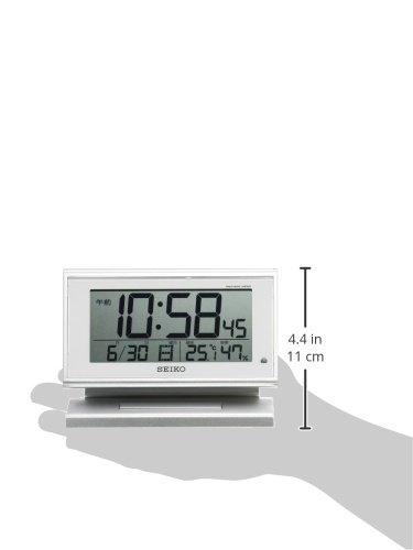 Seiko Clock SQ768S, Automatic Alarm Clock, Radio-Controlled Digital Calendar, Temperature and Humidity Display, Night Visibility, Silver Metallic