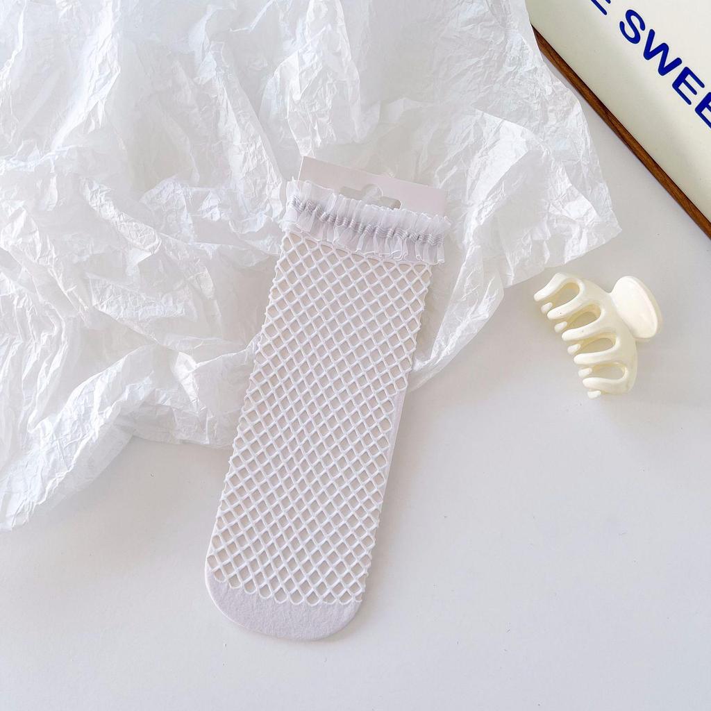 Japanese Lolita Bowknot Fishnet Lace Ankle Socks, White or Black