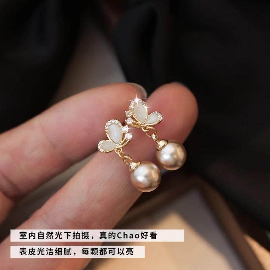 Korean opal butterfly pearl stud earrings simple ear jewelry