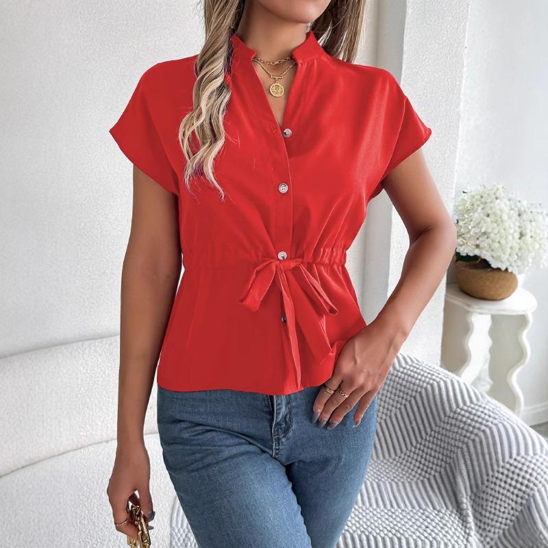 Camicia da Donna a Maniche Corte in Chiffon con Scollo a V Bottoni Camicia Modelli con Cintura Temperamento Elegante Top