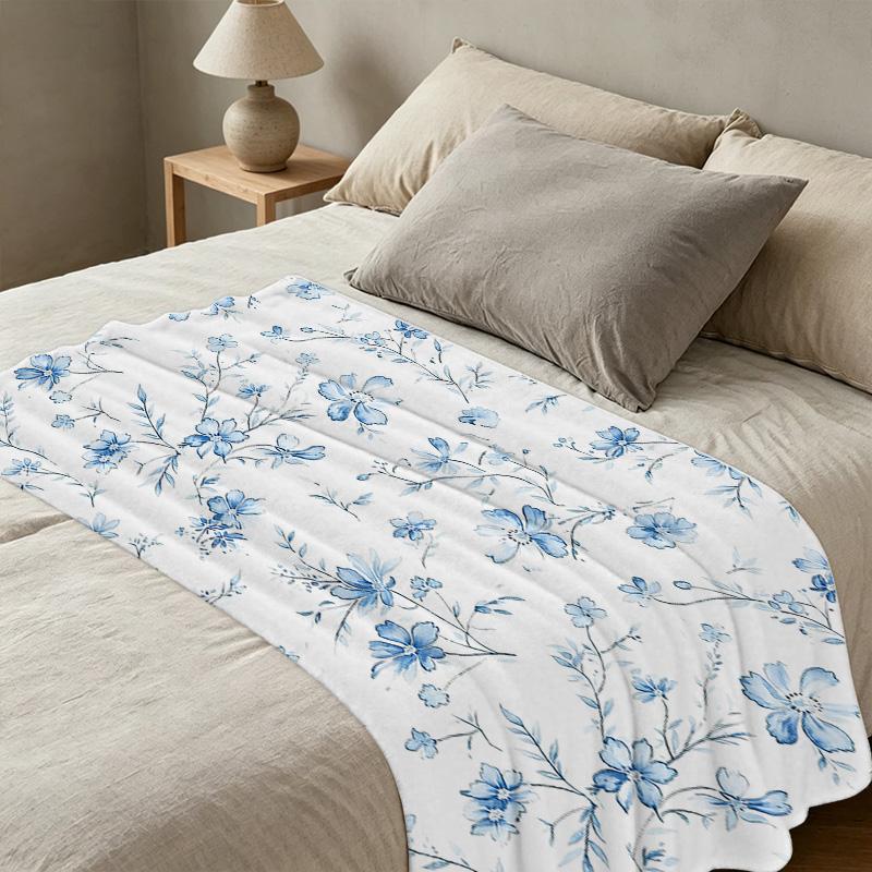 Fluffy Floral Flannel Blanket Light Blue Soft Short Plush Throw, Cozy Warm Single Person Bedding, Bedroom Decor for Christmas & Halloween