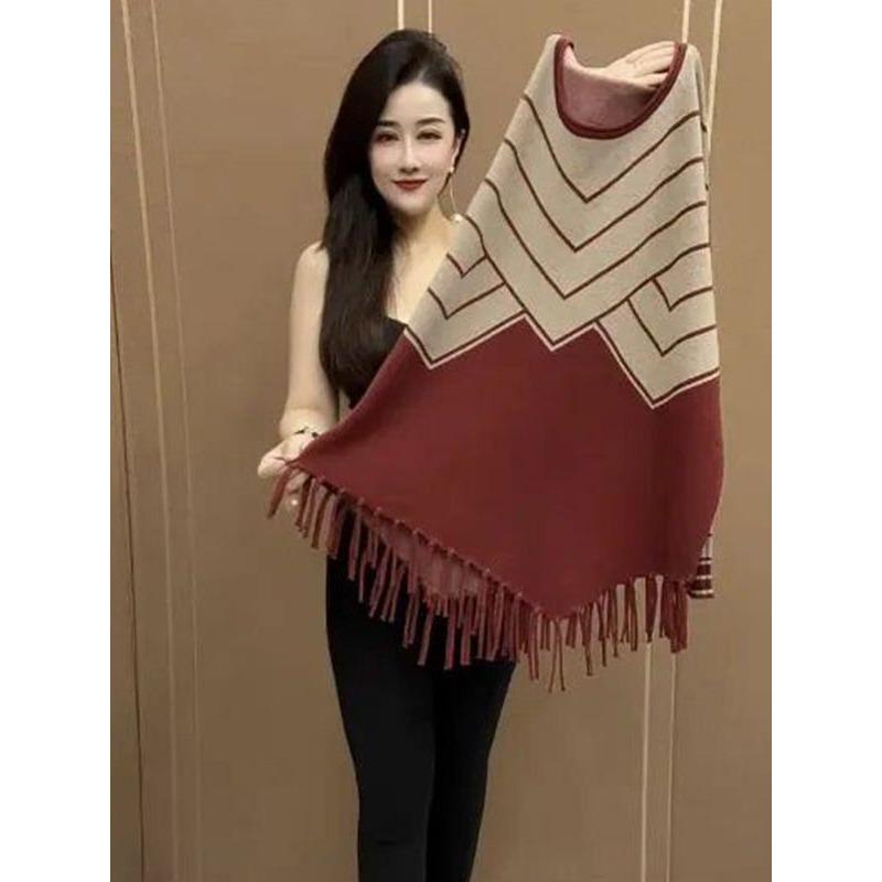 Podzimní a zimní nový střapcový patchworkový dámský módní top střední délky, spodní volný svetr