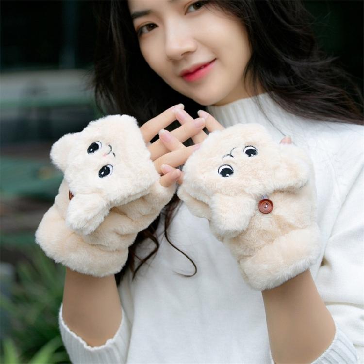 Women Winter Flip Gloves Convertible Mittens Thick Cat Plush Half Finger Gloves with Cover Flip Half Finger Gloves