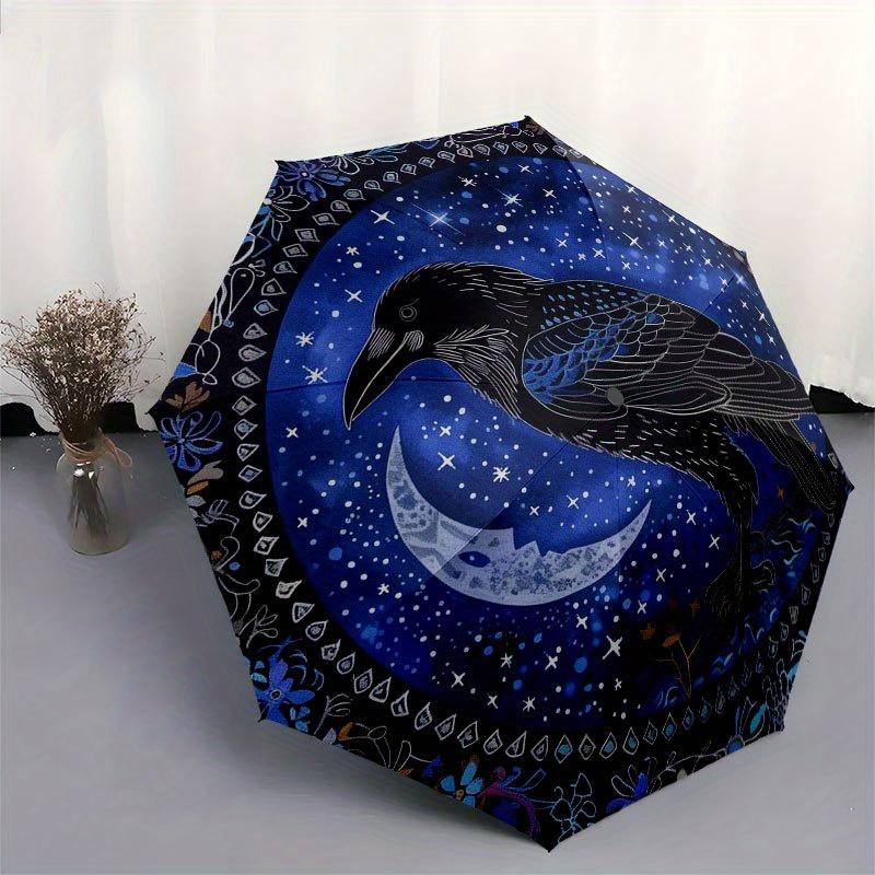 Enchanted Raven Moon Tapestry: Mystical Night Sky Wall Hanging Umbrella, Cute Umbrella with Cute Design, Portable 3-Fold Compact Umbrella for Men & Wo