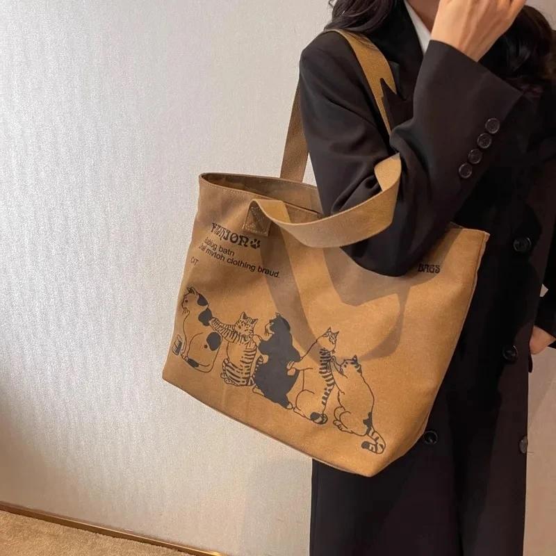 

Spring And Summer Large Capacity Canvas Bag Women S New Fashion Single Shoulder Handbag Japanese Student Class Tote Bag коричневий