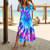 Women Fashion Round Neck Tie-dye Pattern Printed Short Sleeve Side Slit Dress Casual Vacation Dress Long Loose Dress