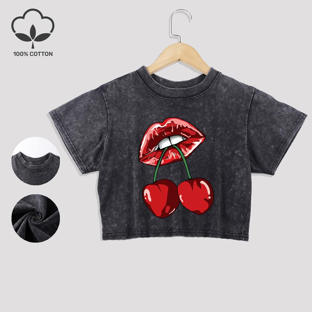 Cherries In The Mouth Printing Cotton Washed T-Shirts Fashion Lace Hem Crop Tees Distressed O-Neck Tops Casual Clothes