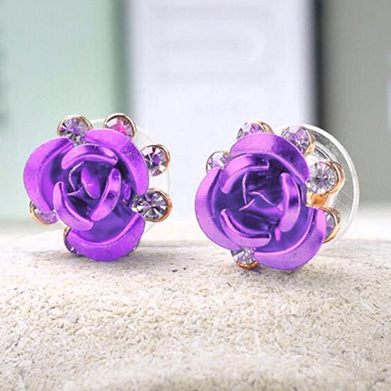 Women's Fashion Rose Flower Ear Studs Rhinestone Inlaid Earrings Jewelry Gift