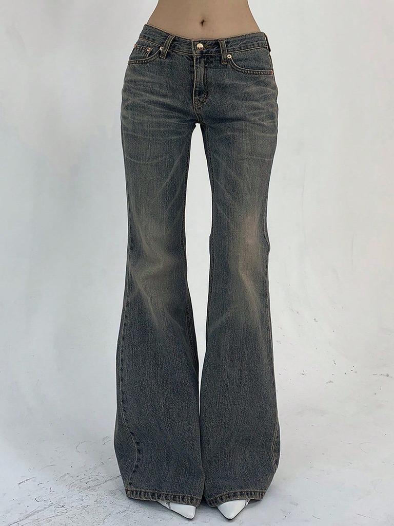 Women's Low Rise Bootcut Jeans Slim Fit American Retro Streetwear Washed Stretch Denim Flare Long Pants