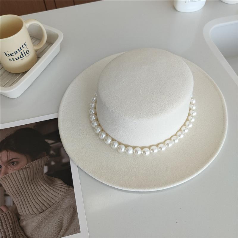 Retro New Pearl French Woolen Top Hat Big Brim Autumn and Winter Socialite Hepburn Black British Hat Flat Top