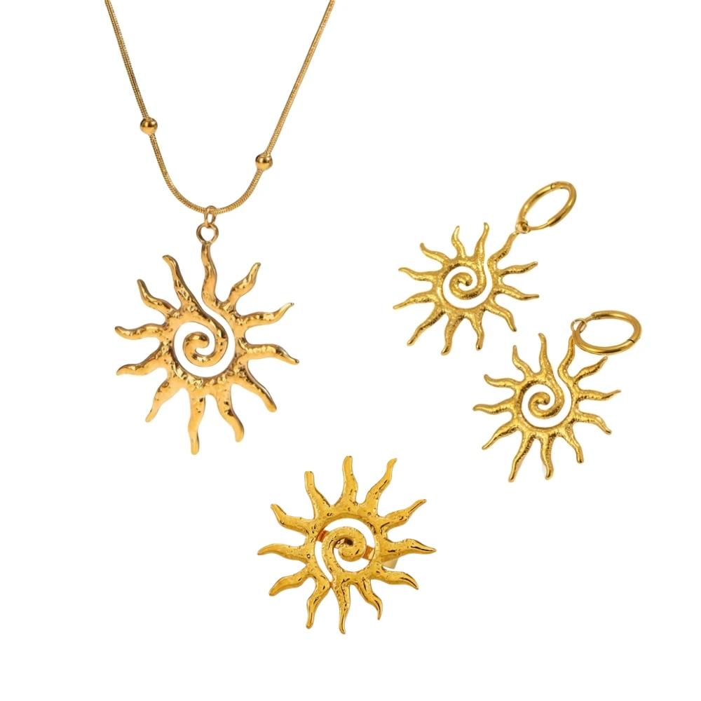 Fashion Vintage Chic Sun Shaped Pendant Necklace Stainless Steel Earrings Statement Golden Fashion Jewlery Accessories Gift