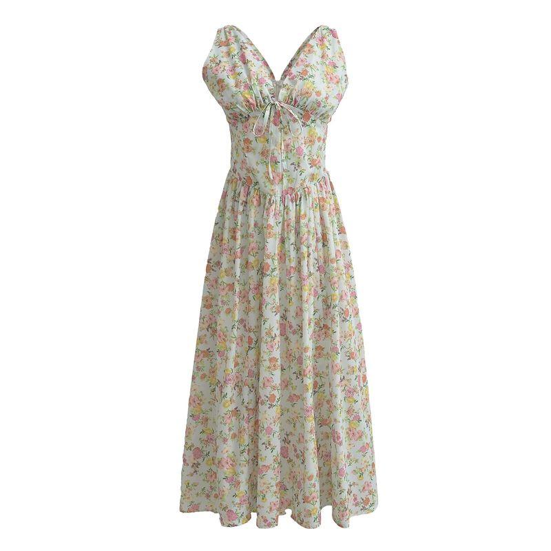 

House of French Strap Dress Bows Light blue floral V Neck(High quality) M