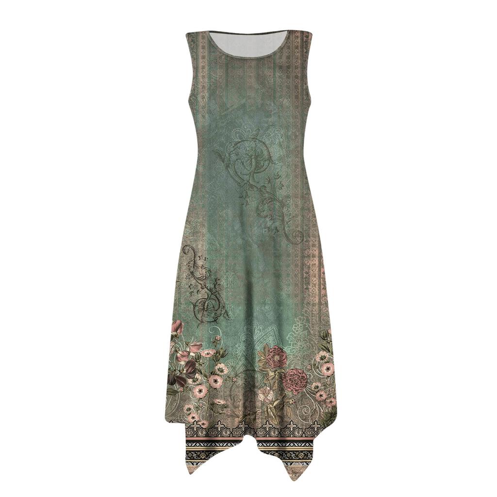 Damen Lässige Ärmellose Sommerkleider Frühling Rundhals Patchwork Boho Floral Rüschen Cocktailparty Midi-Kleid