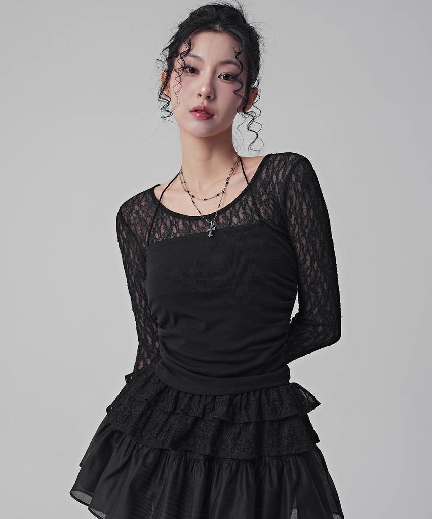 AVANDRESS Ella Flower See-Through Frill Tee_2 Colors
