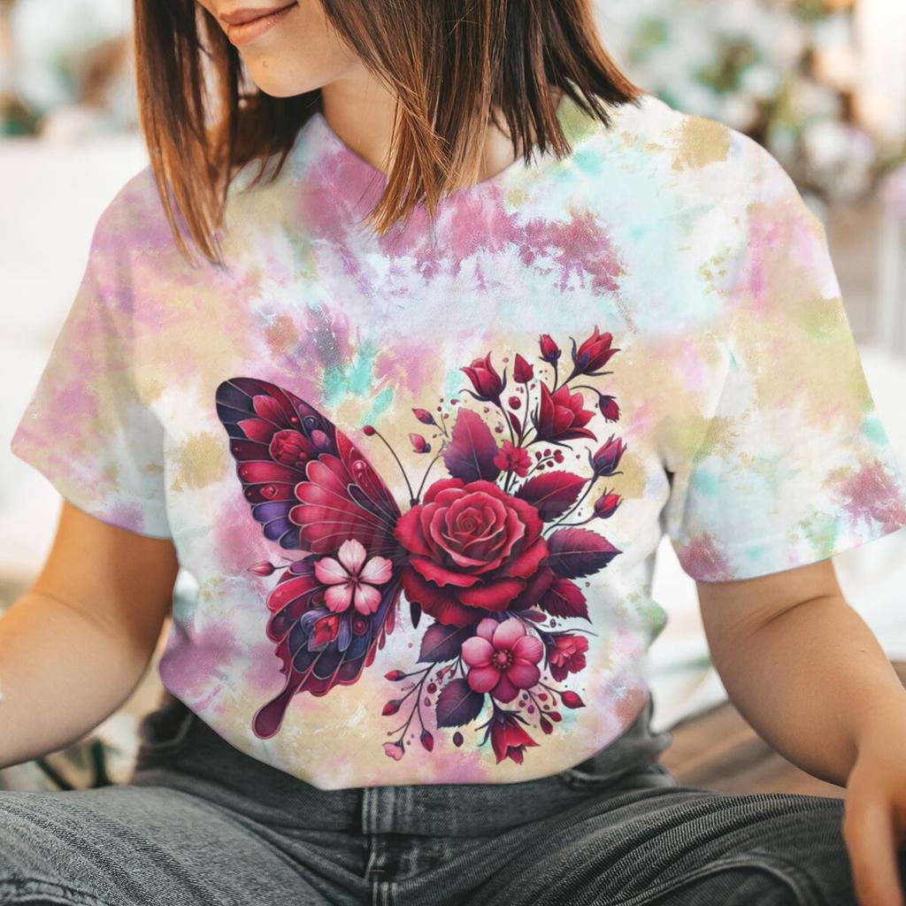 Floral Butterfly Fashion Clothes Summer Spring Flower Tee Ladies Cartoon Clothing Short Sleeve Graphic Women T-shirt Female Top