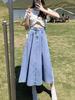High-Waisted Plus-Size Pleated Denim Midi Skirt for Women - Slimming, Over-the-Knee, New Style