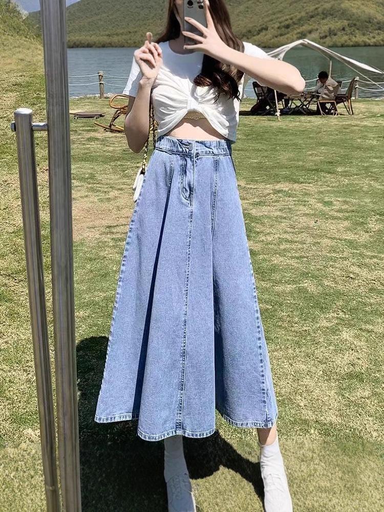 High-Waisted Plus-Size Pleated Denim Midi Skirt for Women - Slimming, Over-the-Knee, New Style