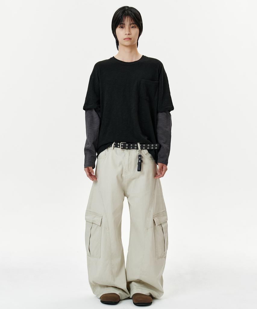 DEEP SENSE Slit Cargo Curved Pants - Beige