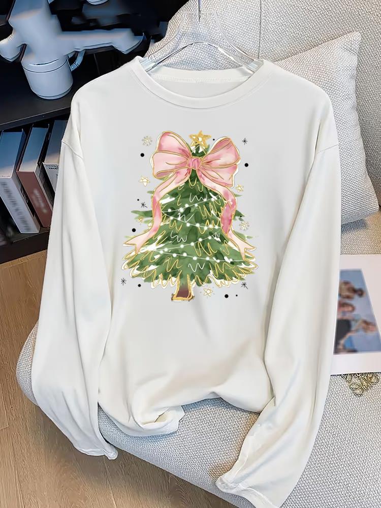 (Asian Size) Bow Tree Style Print T Shirt Christmas New Year Graphic Tee Women Autumn Winter Casual Fashion Top Clothing Long Sleeve T-shirts