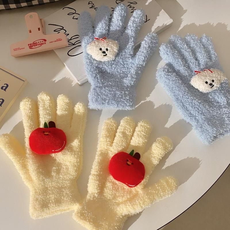 Cute Curly Dog Red Apple Gloves Plush Coral Fleece Cold-Proof Gloves Student Winter Warm Five-Finger Gloves Girl Christmas Gifts