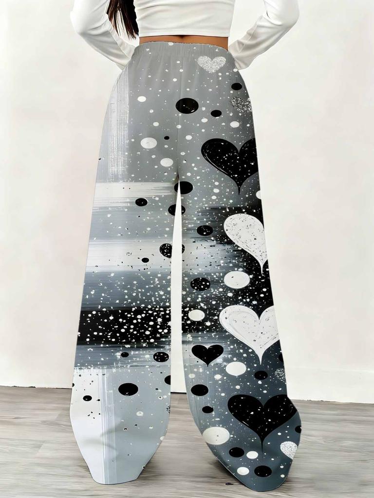 Women's Plus Size Wide Leg Pants Gray Black White Hearts and Polka Dot Print