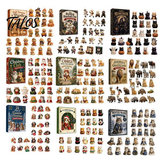 Animal Theme Party Favors Christmas Cat Dog Advent Calendar, 24Pcs Acrylic 2D Ornament Set Tree Ornaments with Cute Kitten/Dog/Lion Designs,
