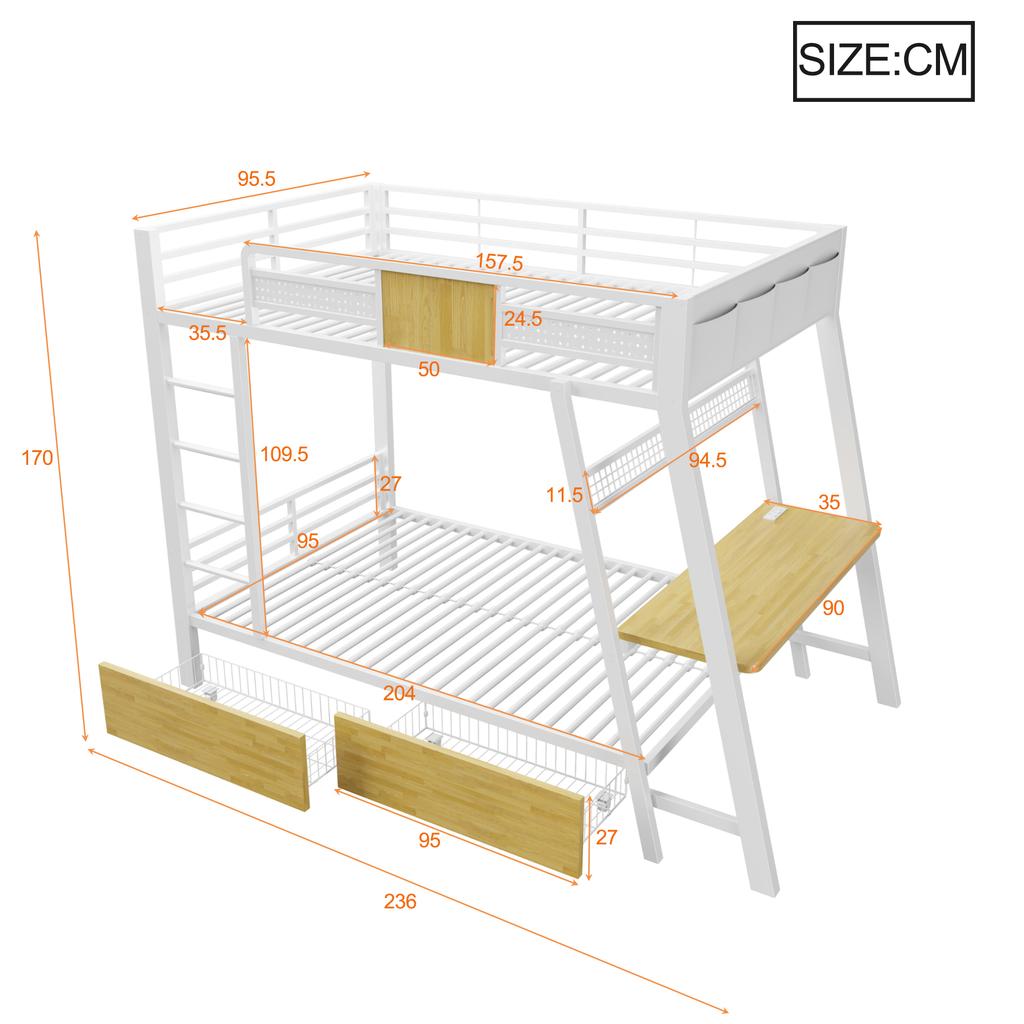 Metal Bunk Bed 90×200cm, Integrated Gaming Desk with Sockets, USB and Type-C Ports, with LED Light Strip, Two Storage Baskets, Youth Play Bed, White