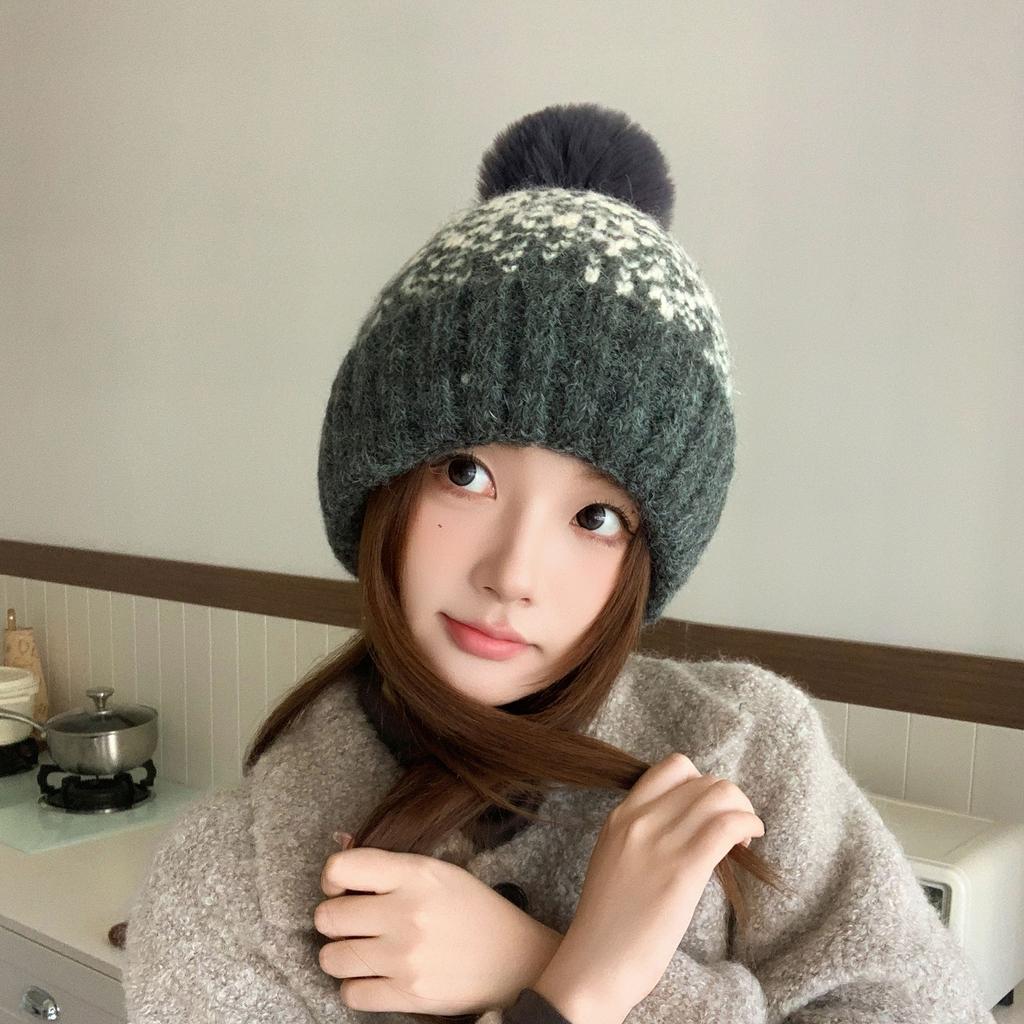 Jacquard Knitted Hat Autumn Winter Beanie Women's Hat, Outdoor Cycling Plush Lining Warm Wholesale