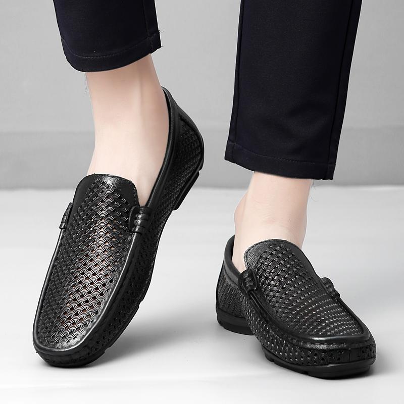 Breathable Genuine Leather Men‘s Driving Shoes Loafers with Rubber Sole Casual Shoes Slip-On Flats Hollow Out Man Moccasins