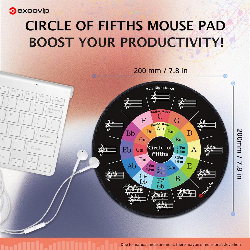 EXCO Music Theory Cheat Sheet Mouse Pad Round Circle of Fifths Shortcuts Mousepad Small for Piano Musician Stitched Edge Mat