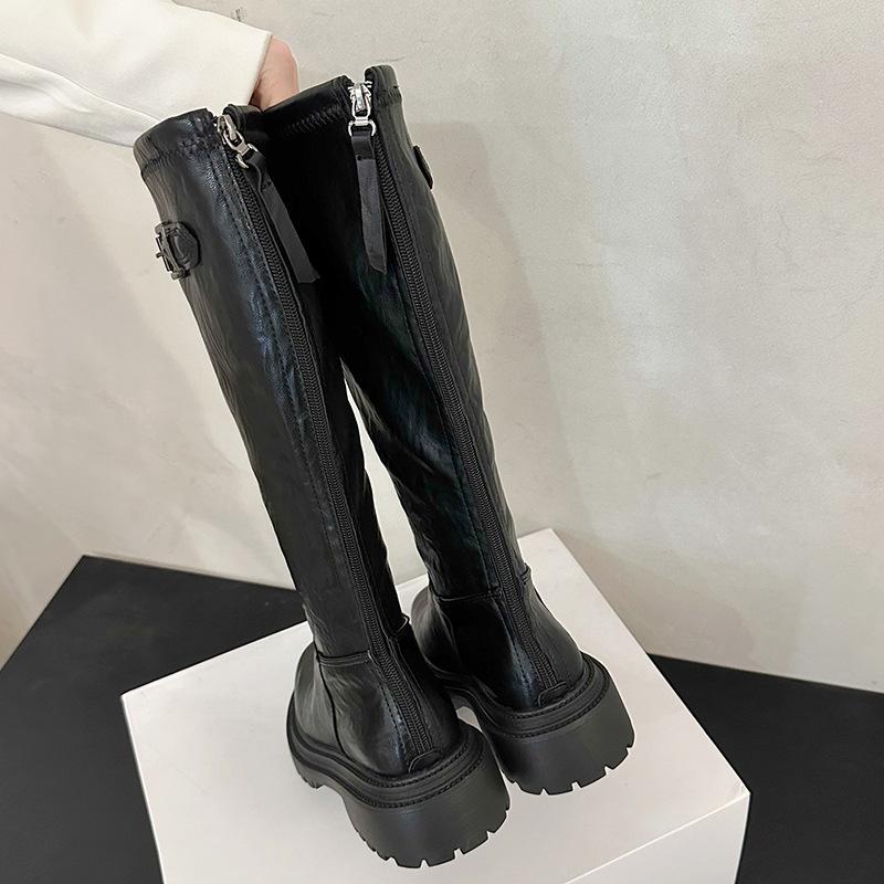 

Черные ретро ботинки на толстом каблуке и плоской подошве в британском стиле женские новые весенне-осенние с круглым носком тонкие ботфорты 42