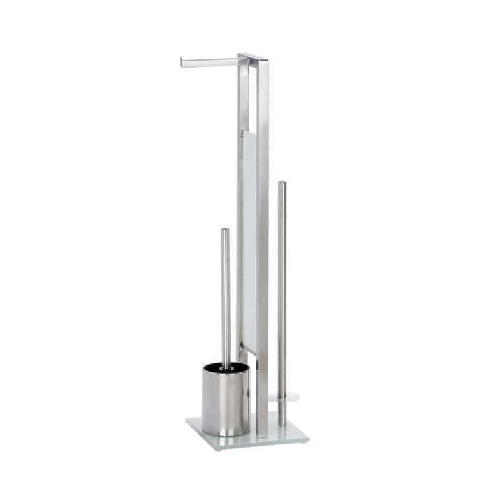 WENKO Serviteur WC 2en1, Rivalta, Brosse WC et dérouleur papier toilette, Acier Inox et verre trempé, 18x70x23 cm, mat
