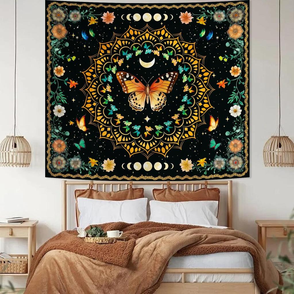 Boho Mandala Butterfly Floral Tapestry for Bedroom, Hippie Moon Ceiling Colorful Plant Flower Tapestries Aesthetic, Bohemia