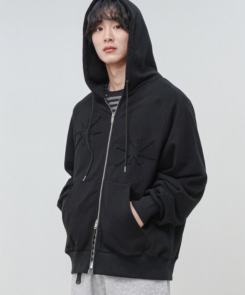Moderment Applique Washed Oversized Zip-Up Hoodie [Black]