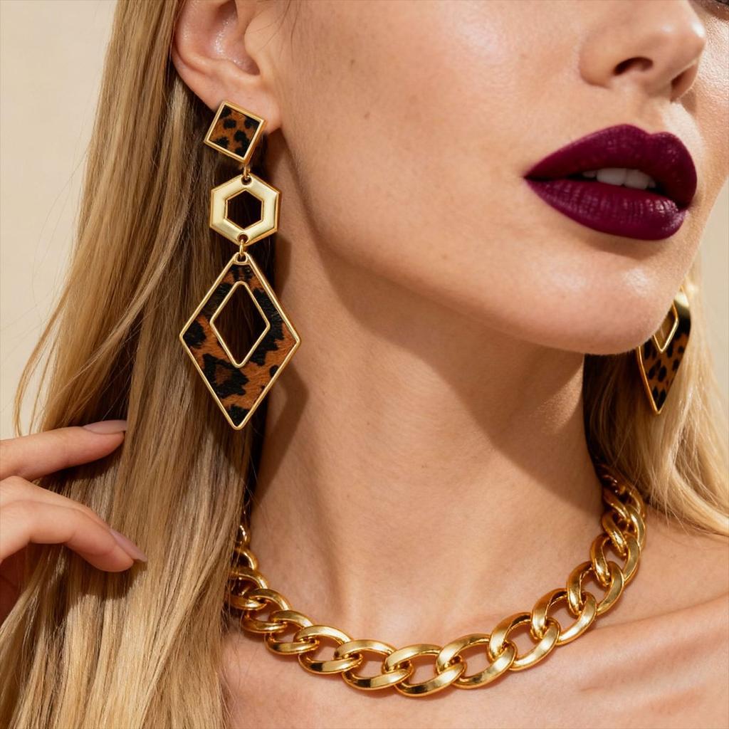 Autumn and winter retro leopard print geometric fan-shaped love silver needle earrings niche earrings