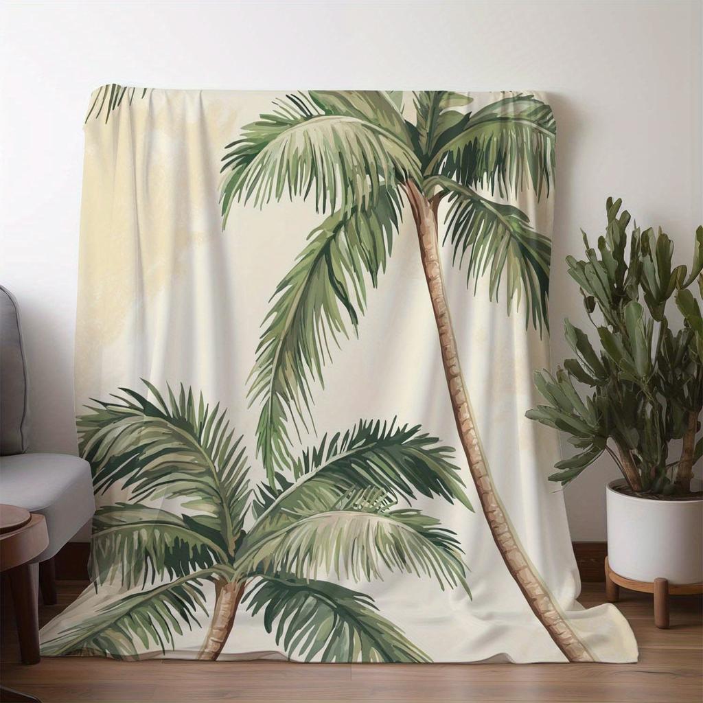 1pc Flannel Blanket - Soft 100% Polyester Lightweight, Tropical Palm Tree Print in Green & Beige, All-Season Cozy Thr