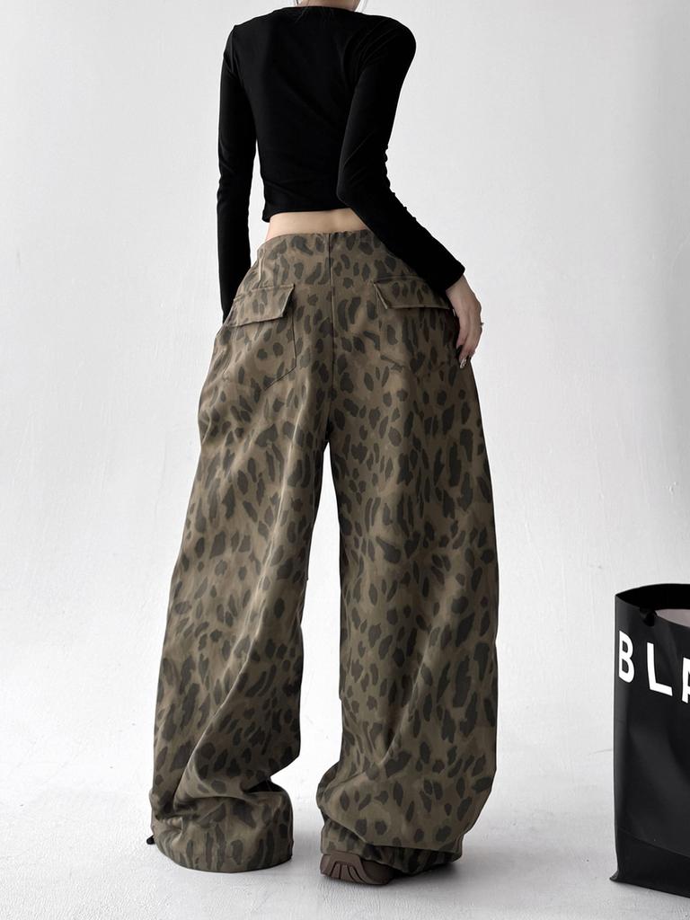 Vintage Leopard Print Casual Pants Women Spring/Autumn New Style Loose Fit Straight Leg Dance Wide Leg Pants