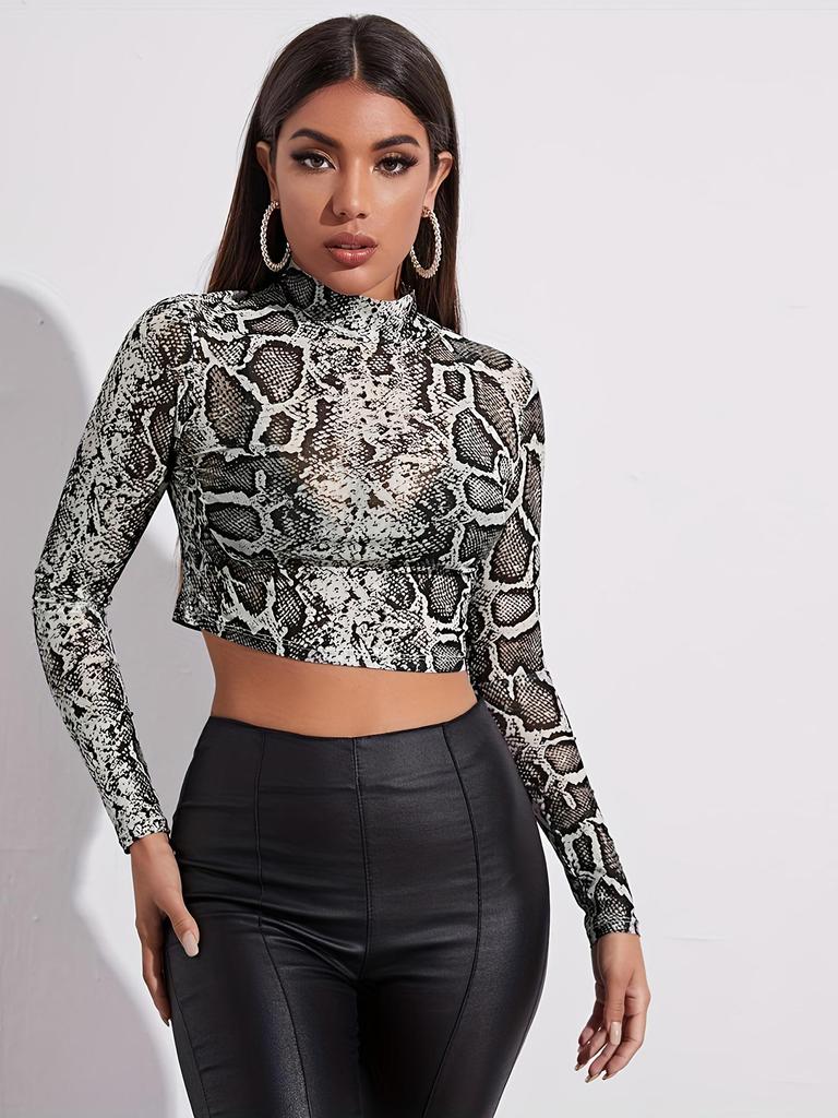 European & American Women's Printed Mesh Long-Sleeve Top - Sexy and See-Through