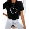 Dámské bavlněné letní tričko s krátkým rukávem a potiskem srdce, s kulatým výstřihem