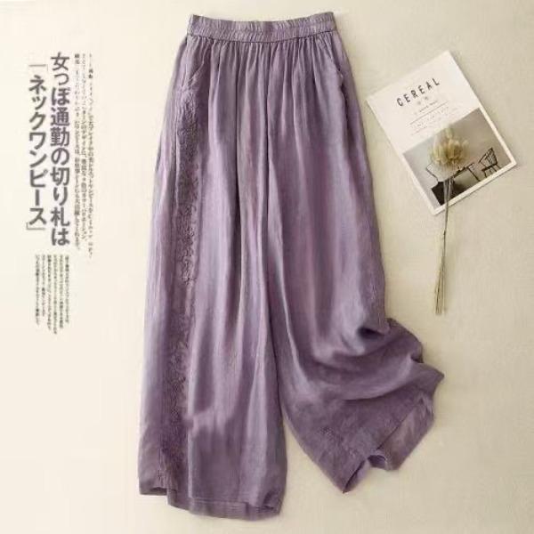 Summer Women Nine-Minute Wide Leg Pants with Embroidery