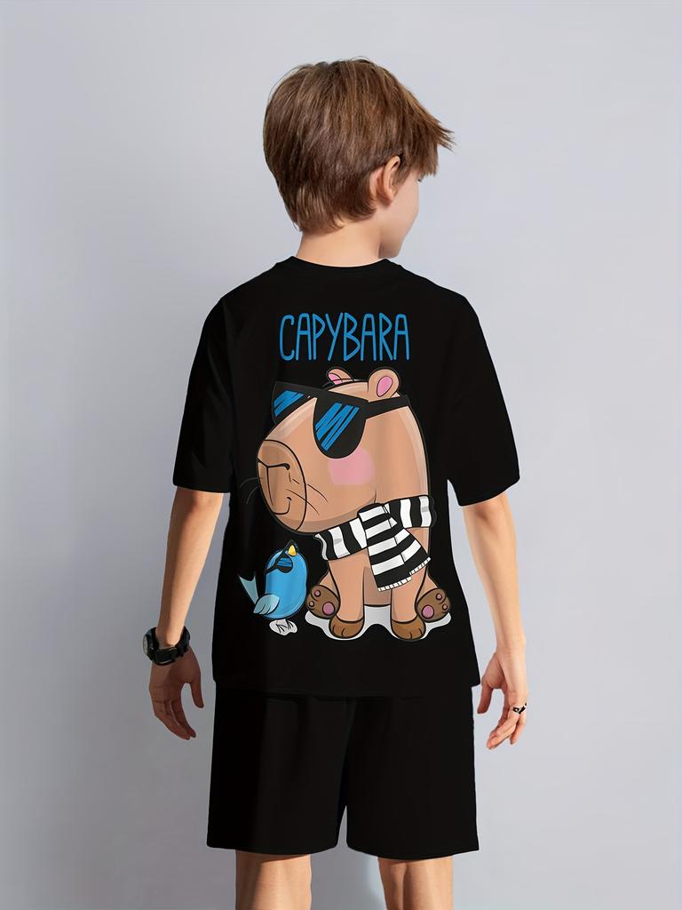 2pcs boys' set - fashionable 3D printed casual pullover - round neck cartoon capybara themed sports shirt - suitable for spring, summer