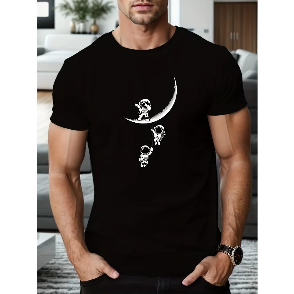 Astronauts On The Moon Print T Shirt, Tees For Men, Casual Short Sleeve T-shirt For Summer
