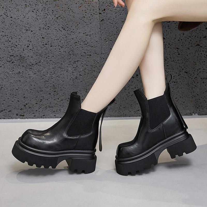Thick-soled Cigarette Boots Women's 2025 Winter New Martin Boots Thick Heel Small Inner Height Increase 10cm Chelsea Short Boots