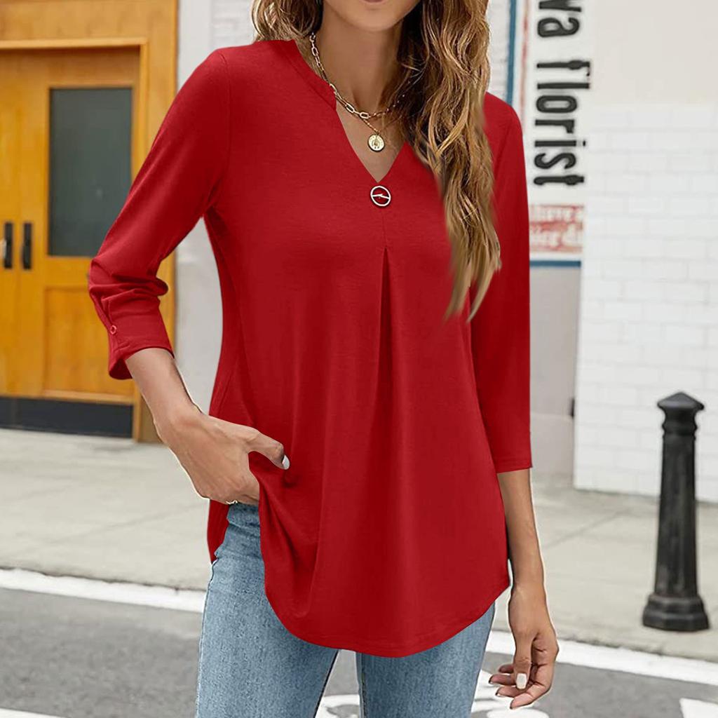 Damen Kragen V-Ausschnitt 3/4 Ärmel Hemden Business Casual Oberteile Locker Arbeit Blusen