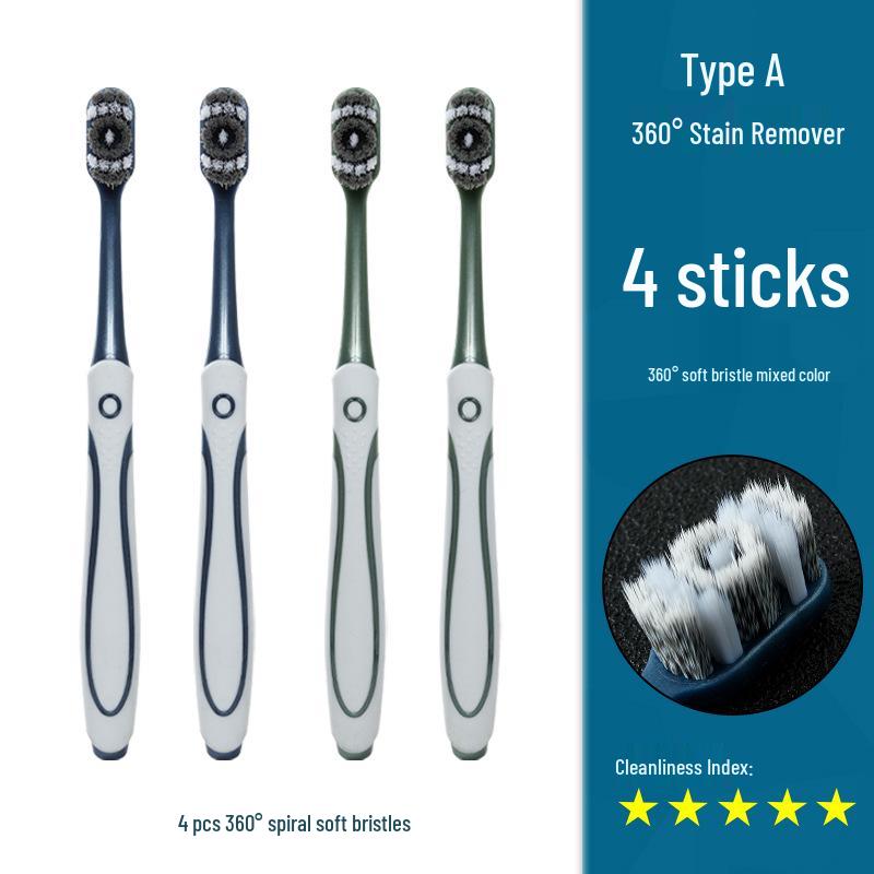 360° Medium-Hard Bristle Toothbrush for Effective Stain Removal - Spiral Filament, Soft Bristle, Adult Size