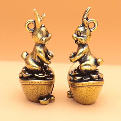 Chinese  Year Brass Zodiac Rabbit Figurines Desktop Small Ornament Lucky Rabbit Key Chain Pendant Figurine Decorations Crafts Accessories
